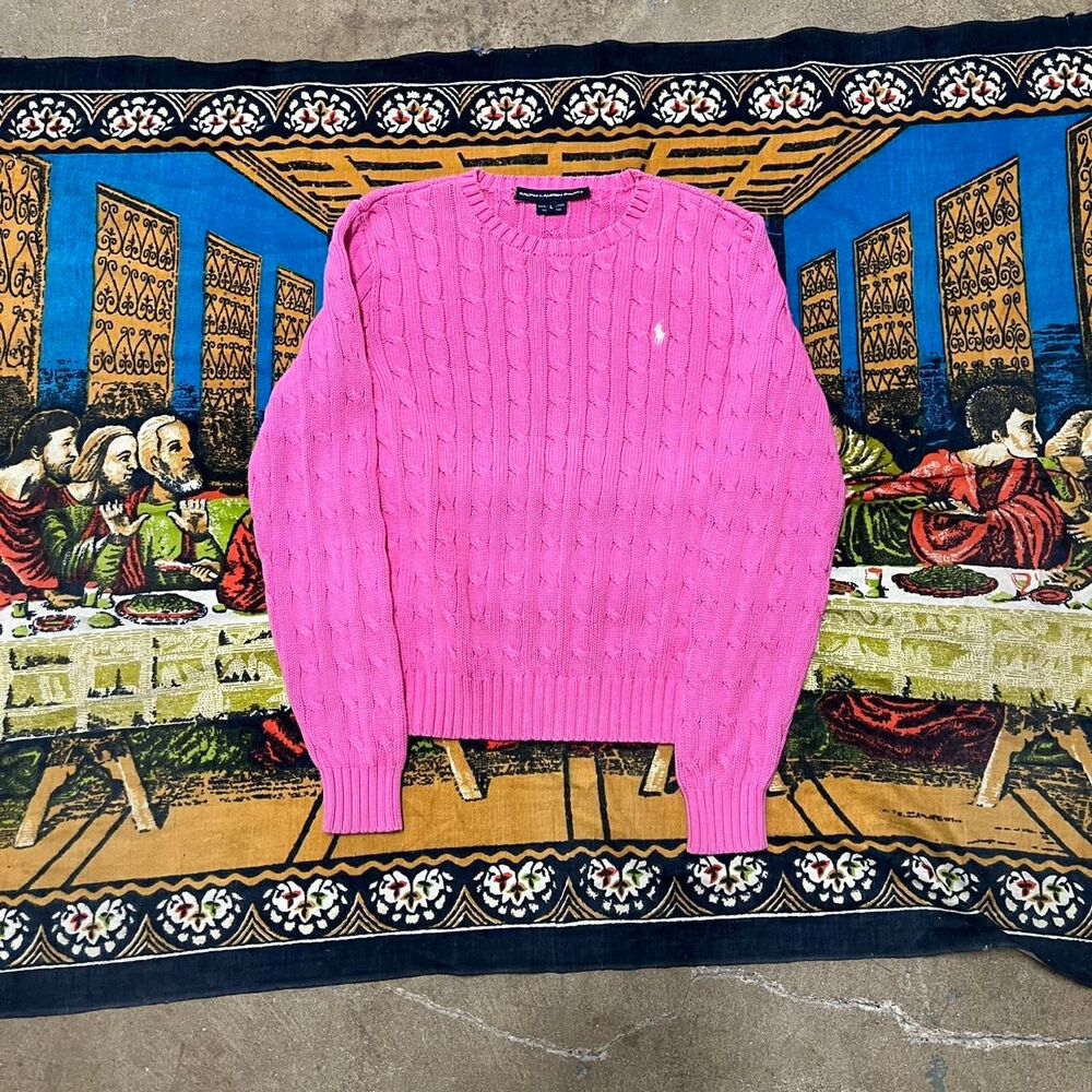 Pink Polo Ralph Lauren cable knit Womens large white pony preppy casual modern